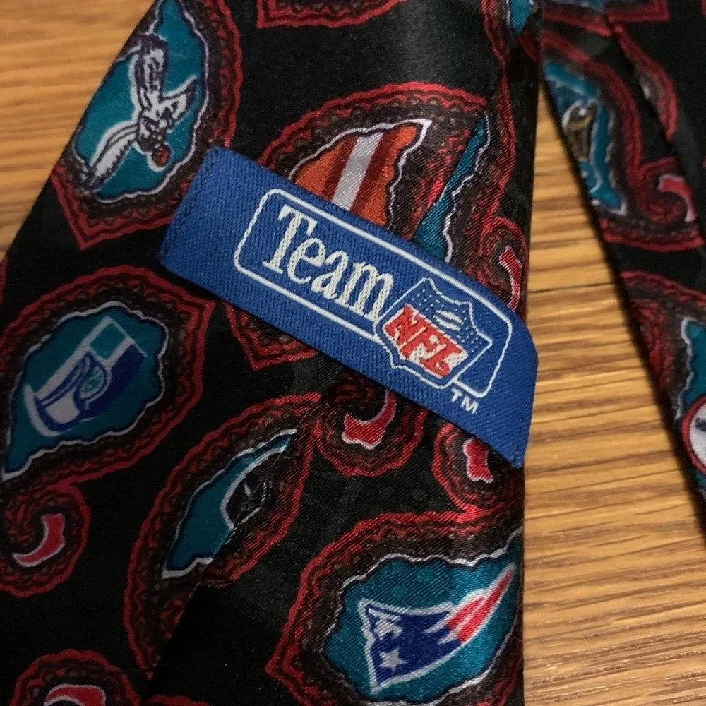 NFL Teams Logo Tie Paisley Black Logos All Over Print Mens Made In USA Silk